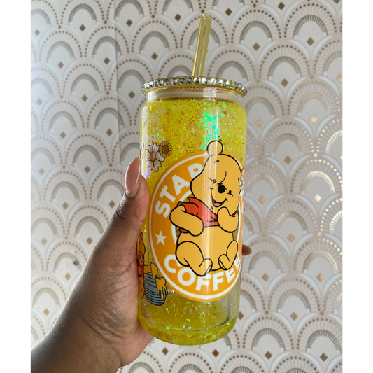 POOH SNOWGLOBE GLASS CAN 16 OZ