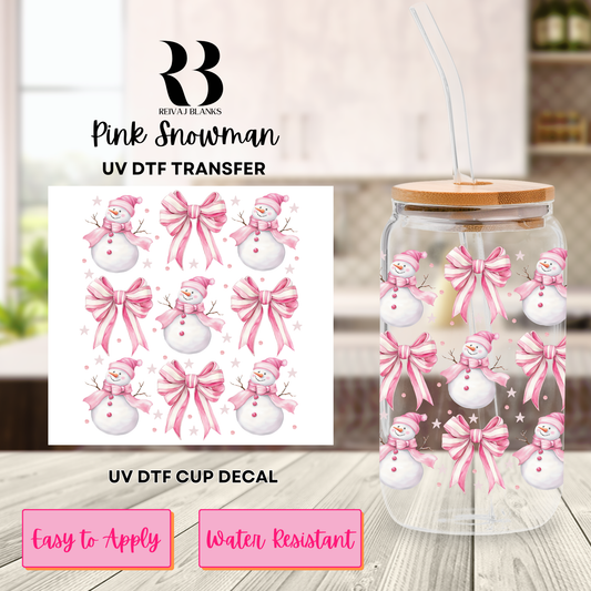 PINK SNOWMAN DECAL (DOUBLE SIDED) UV DTF 16 OZ