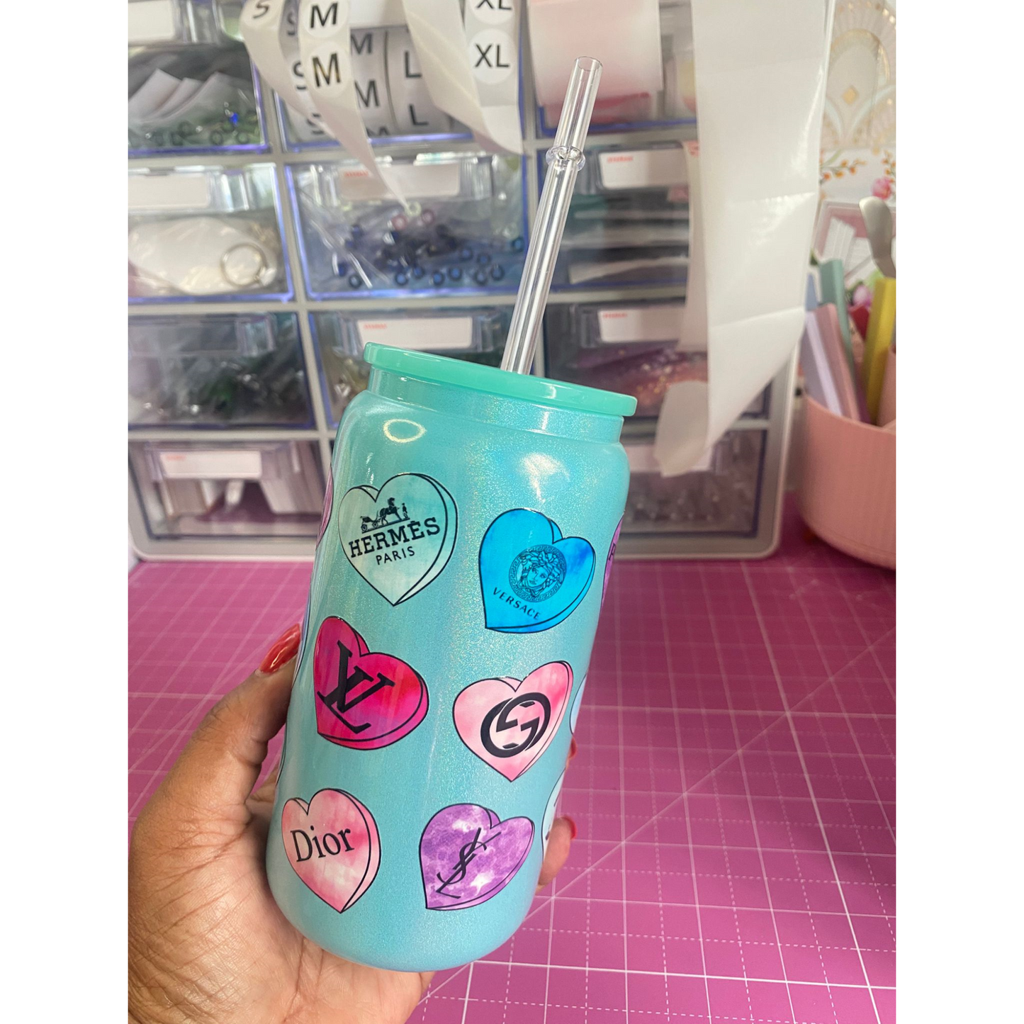 CUTE HEARTS GLASS CAN 16 OZ