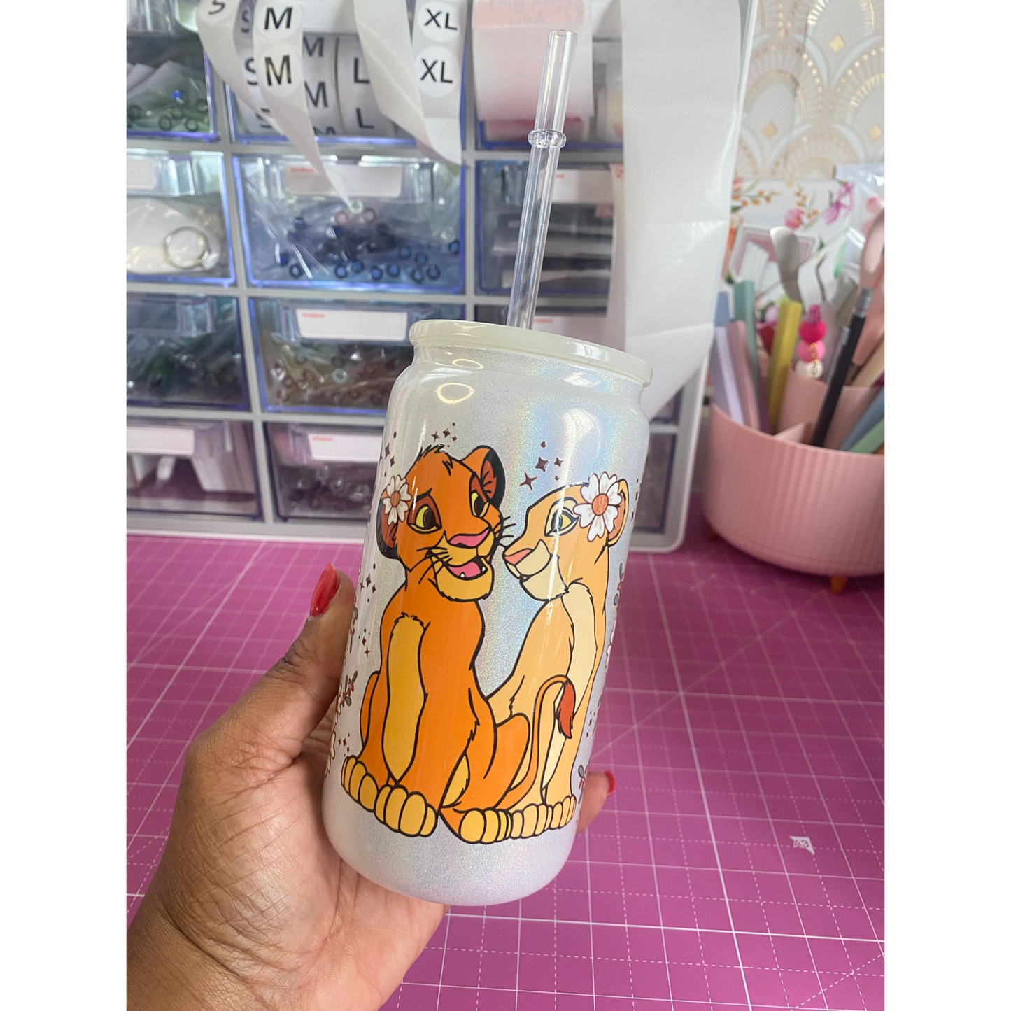 CUTE LIONS GLASS CAN 16 OZ